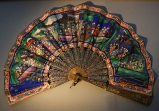 Chinese Silver Gilt Filigree And Enamel Fan With Faces 19th