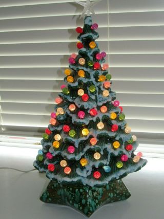 Vintage Ceramic Christmas Tree With Multi - Color Ball Ornament Lights & Snow 18”