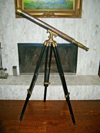 Antique Vintage Nautical Brass & Copper Telescope With Black Wooden Tripod Stand
