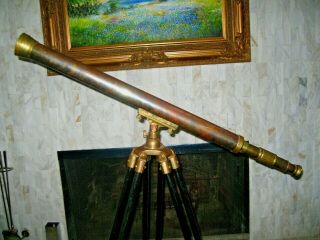 Antique Vintage Nautical Brass & Copper Telescope With Black Wooden Tripod Stand 2