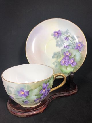 T & V Limoges Antique Hand Painted Violets Tea Cup & Saucer Set Euc 1z