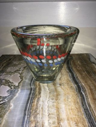 Vintage Venini Murano Art Glass Red White Blue Dots Vase Bowl Signed