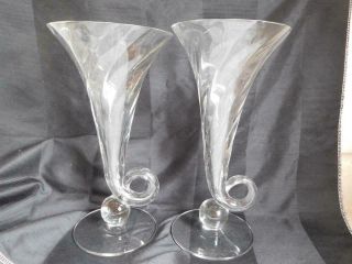 Antique Pr Pair Clear Glass Horn Of Plenty Vases Hand Blown Slight Differences