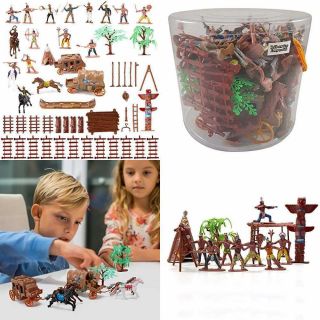 Wild West Cowboys & Native American Indians Plastic Figure Soldiers Toys Bucket