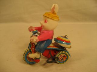 Vintage Japan Tin Litho & Celluloid Wind Up Toy Rabbit On Tricycle