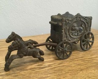 Vintage Cast Iron Horse Drawn Monkey Circus Wagon Carriage Antique