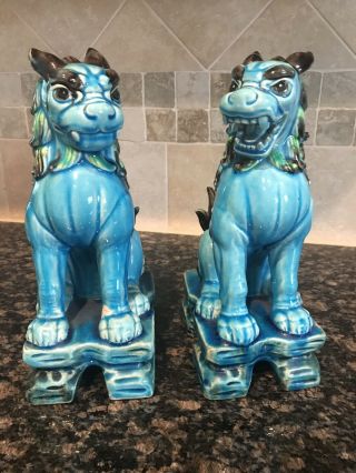 Pair Vintage Chinese Export Turquoise Blue Glazed Ceramic Foo Dog Sculptures
