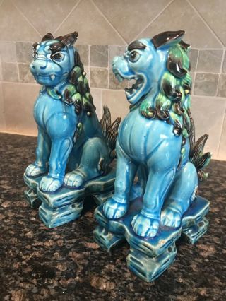Pair Vintage Chinese Export Turquoise Blue Glazed Ceramic Foo Dog Sculptures 2