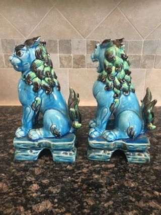 Pair Vintage Chinese Export Turquoise Blue Glazed Ceramic Foo Dog Sculptures 3