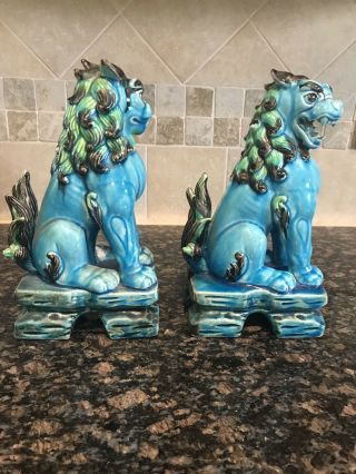 Pair Vintage Chinese Export Turquoise Blue Glazed Ceramic Foo Dog Sculptures 4