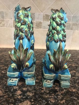 Pair Vintage Chinese Export Turquoise Blue Glazed Ceramic Foo Dog Sculptures 5