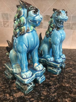 Pair Vintage Chinese Export Turquoise Blue Glazed Ceramic Foo Dog Sculptures 6