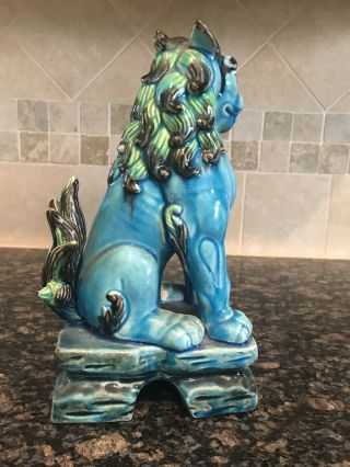 Pair Vintage Chinese Export Turquoise Blue Glazed Ceramic Foo Dog Sculptures 7