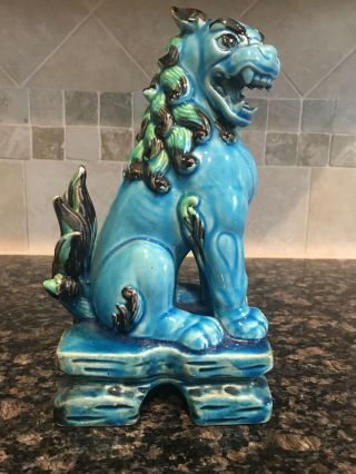 Pair Vintage Chinese Export Turquoise Blue Glazed Ceramic Foo Dog Sculptures 8