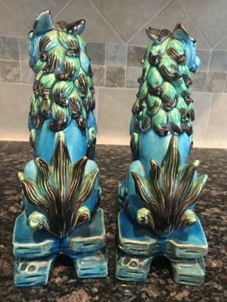 Pair Vintage Chinese Export Turquoise Blue Glazed Ceramic Foo Dog Sculptures 9