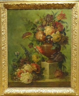 Fine Large 19th Century European School Still Life Flowers Antique Oil Painting