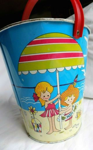 Vintage Chein Tin Sand Pail Made In U.  S.  A.  Beach Toy Metal 7 " Plastic Handle