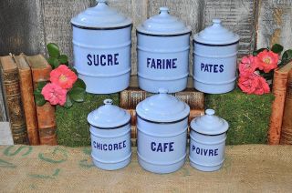 Vintage French Light Blue Enamel Set Of 6 Canisters Enamelware Kitchen Decor