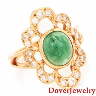 Estate Diamond Emerald 18k Yellow Gold Flower Ring Nr