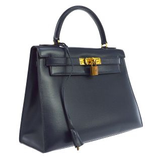 Authentic Hermes Kelly 28 Sellier Hand Bag Navy Box Calf Vintage Bt16183