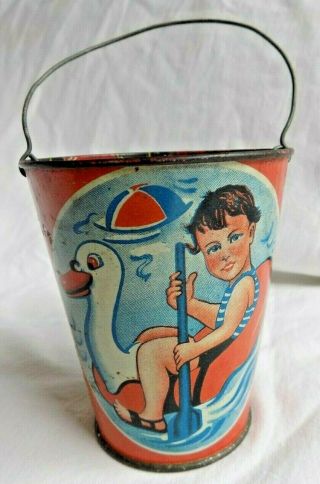 Vintage 3 1/2 " Sand Pail Beach Toy Metal Made Of Anchovies Tin 1940 