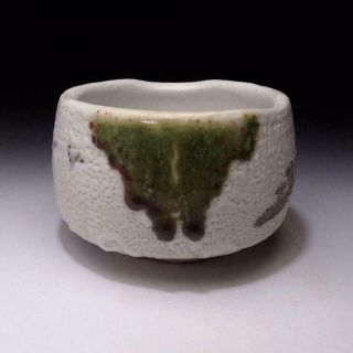 Or2: Vintage Japanese Pottery Tea Bowl,  Shino Ware,  White And Green