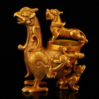 Vintage Chinese Gilt Gold Red Copper Unicorns Incense Burner
