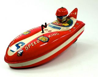 1950s Speed King No.  6 (japan) Tin Crank Friction Speed Boat W/driver Nr