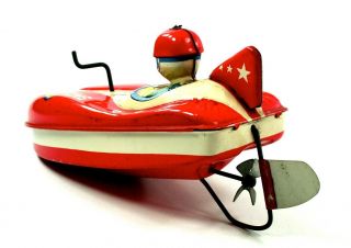 1950s SPEED KING NO.  6 (JAPAN) TIN CRANK FRICTION SPEED BOAT W/DRIVER NR 6
