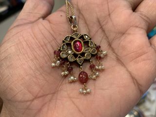 Antique Mughal Ruby Diamond Pearl Enamel Pendant 1875.  22ct Gold.  Jaipur India.