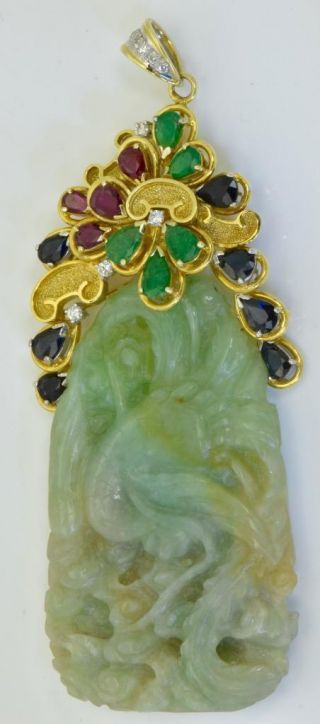 One Of A Kind Chinese 18k Gold,  Diamonds,  Sapphires,  Emeralds&rubies Jade Pendant