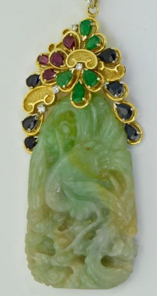 One of a kind Chinese 18k gold,  Diamonds,  Sapphires,  Emeralds&Rubies Jade pendant 3