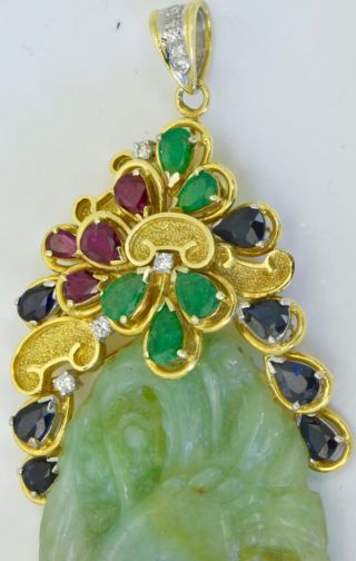 One of a kind Chinese 18k gold,  Diamonds,  Sapphires,  Emeralds&Rubies Jade pendant 4