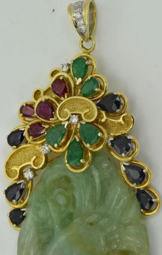 One of a kind Chinese 18k gold,  Diamonds,  Sapphires,  Emeralds&Rubies Jade pendant 5