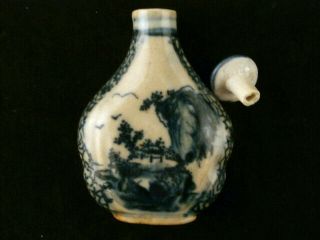 Great 19thc Chinese Blue & White Porcelain Scenery Flat Snuff Bottle Waa033