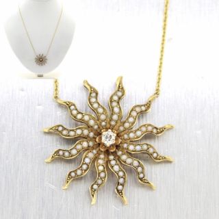 1920s Antique Art Nouveau 14k Gold Seed Pearl Diamond Starburst Pendant Necklace