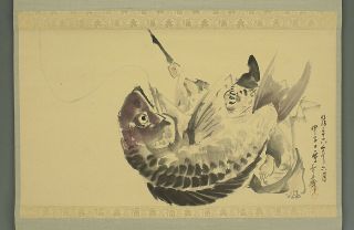 掛軸1967 Japanese Hanging Scroll : Oda Kyosai " Ebisu And Big Sea Bream " @b462