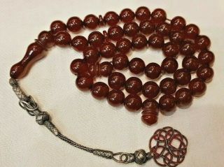 Antique Faturan Bakelite Cherry Amber Prayer Beads With Silver Tassel 57gr