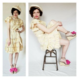 1980s Kenzo Summer Dress Yellow Cream Floral Pattern Cotton Print Ruffles Belt M