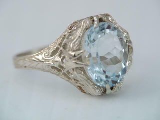 Antique Art Deco 14k White Gold Filigree 3ct Aquamarine Stone Ring Gorgeous