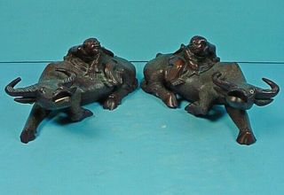 Pair Vintage Chinese Carved Wood ‘boy On Recumbent Water Buffalo’ Sculptures