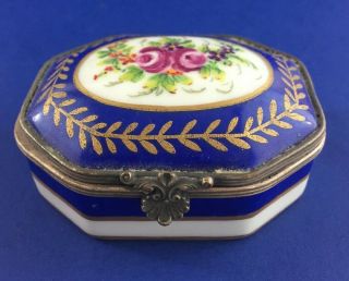 Vintage Sevres French Cobalt Porcelain Hinged Trinket Box W Flowers