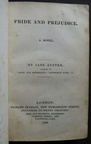 Rare Early JANE AUSTEN 1833 PRIDE & PREJUDICE 1st BENTLEY SINGLE VOLUME ED 7