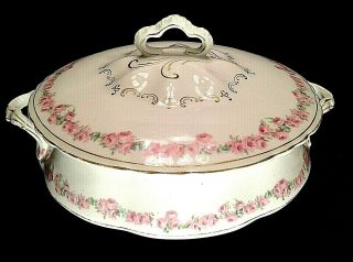 Pope Gosser Soup Tureen.  Pink Roses Gold Trim.  10.  5 Inches.  Antique 1920s