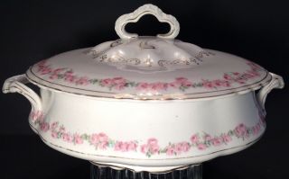 POPE GOSSER SOUP TUREEN.  PINK ROSES GOLD TRIM.  10.  5 INCHES.  ANTIQUE 1920s 2