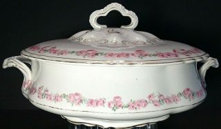 POPE GOSSER SOUP TUREEN.  PINK ROSES GOLD TRIM.  10.  5 INCHES.  ANTIQUE 1920s 3