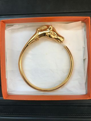 Hermes Horse Head Bracelet Gold Tone Vintage Bangle W/box 1629