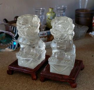 Pair Antique Chinese Carved Rock Crystal Foo Dogs Guardian Lions