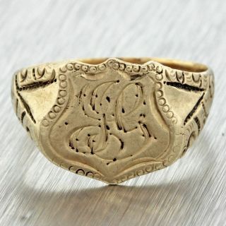 1890s Antique Victorian Estate 14k Solid Yellow Gold Engraved Shield Signet Ring