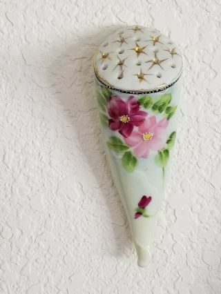 Vintage Porcelain Hand Painted Hatpin Holder Hanging or Flat Cornicopia 3